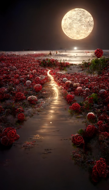 Campo de rosas rojas con luna llena en el fondo ai generativo