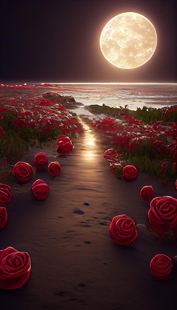 Campo de rosas rojas con luna llena en el fondo ai generativo