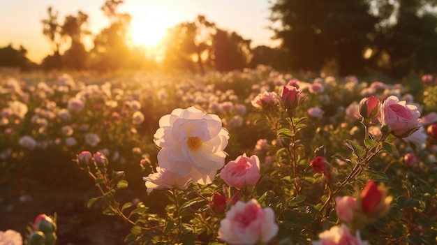 Campo de rosas rosadas a la luz del atardecer al estilo de los rayos solares que brillan sobre un campo de rosas IA generativa