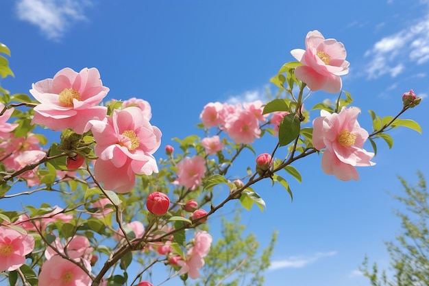 Un campo de rosas silvestres floreciendo contra un cielo azul