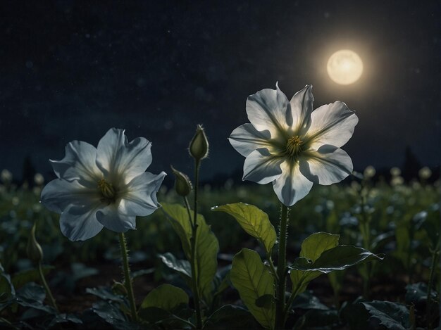 Un campo sereno de flores blancas bajo el cielo iluminado por la luna