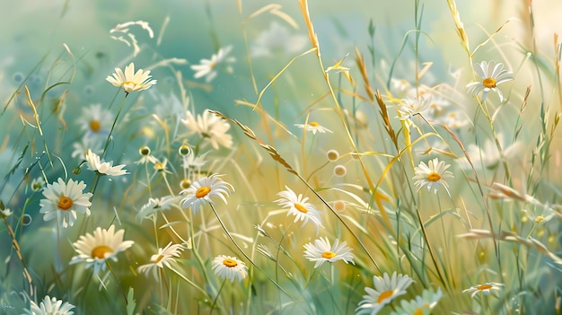 Campo sereno de margaritas a la luz de la mañana Perfecto para papeles de pared y fondos de primavera Escena de naturaleza tranquila con una IA estética soñadora