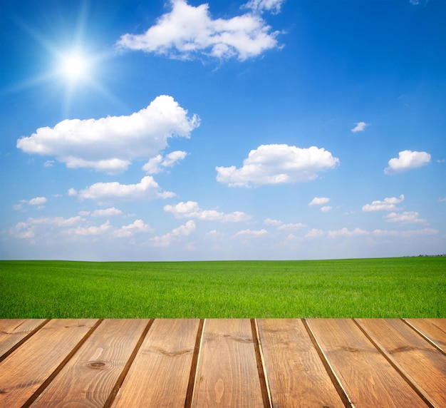 Foto campo sob o céu azul piso de pranchas de madeira