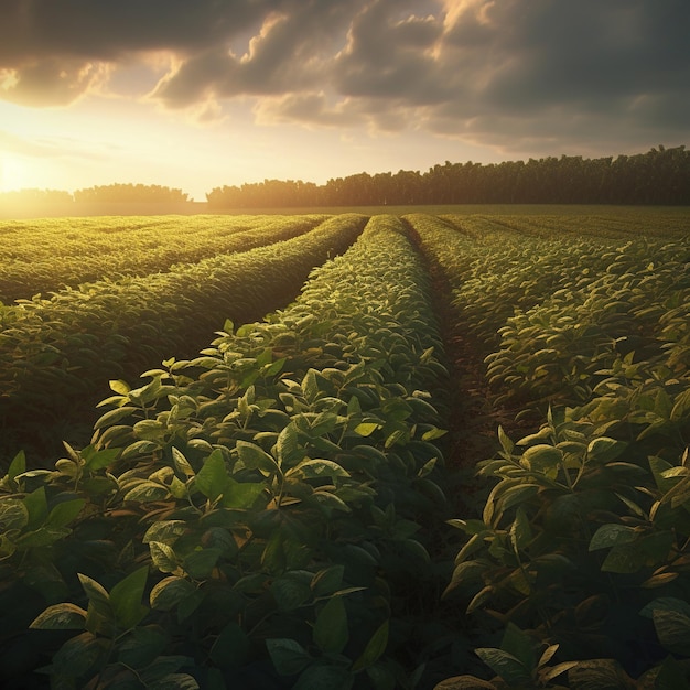 Un campo de soja con un cielo nublado al fondo.