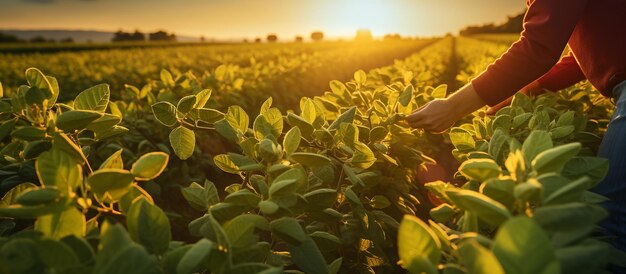 Foto un campo de soja examinando el cultivo al atardecer