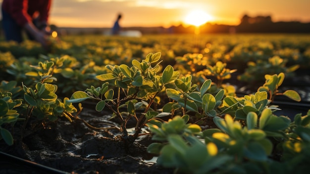 campo de soja examinando el cultivo al atardecer