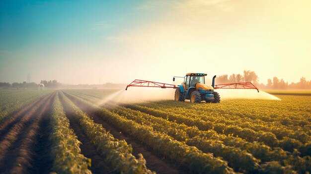 Un campo de soja de generación de primavera que se rocia con pesticidas por tractor IA generativa