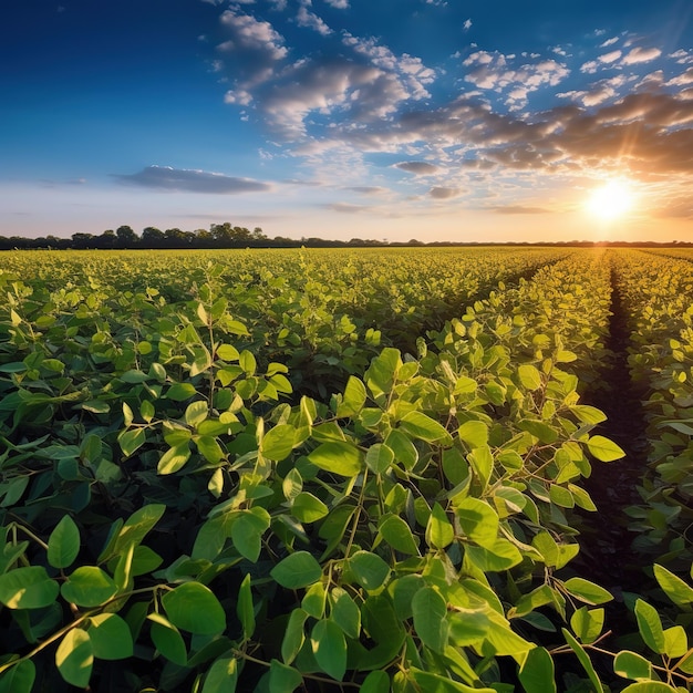 Un campo de soja con la puesta de sol detrás de él