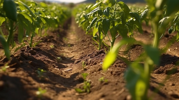 Foto un campo de soja con el sol detrás de ellos