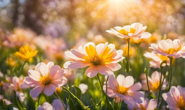 Campo soleado de primavera Flores vibrantes bajo el sol