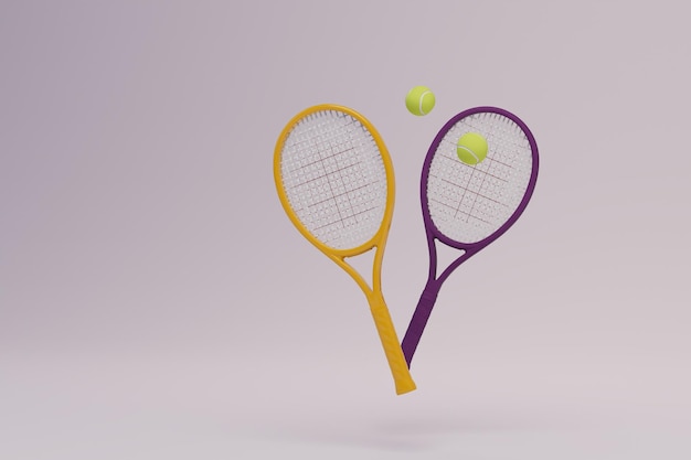 campo de tenis deporte activo. raquetas moradas y amarillas y pelotas de tenis amarillas en un fondo blanco