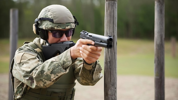 Campo de tiro al aire libre arma de escopeta curso de acción tirador con un arma en uniforme militar