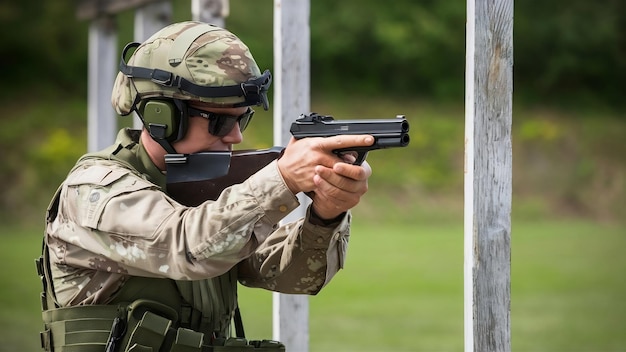 Campo de tiro al aire libre arma de escopeta curso de acción tirador con un arma en uniforme militar