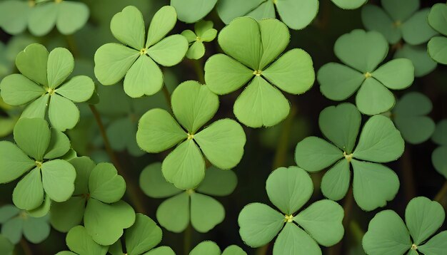 Un campo de trébol en el bosque Lucky Irish Four Leaf Clover en el campo para el fondo del Día de San Patricio con espacio de copia