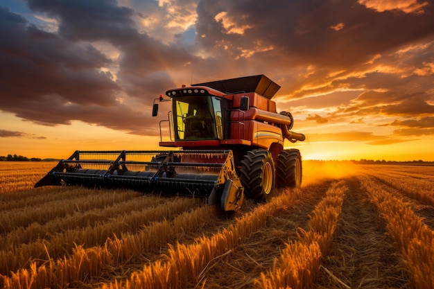 Campo de trigo al atardecer con una cosechadora de IA generativa