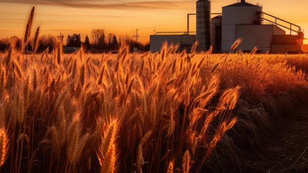 campo de trigo al atardecer con silos