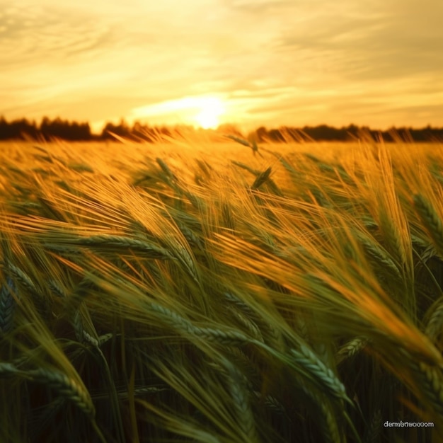 campo de trigo arado con la puesta de sol en el fondo generativo ai