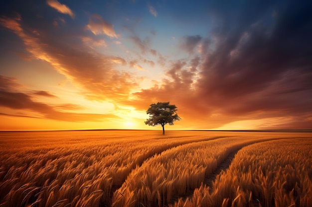 un campo de trigo con un árbol en el medio