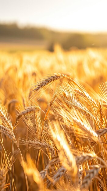 Un campo de trigo balanceándose en la brisa bajo el cálido sol de la tarde creando una imagen de Tran rural