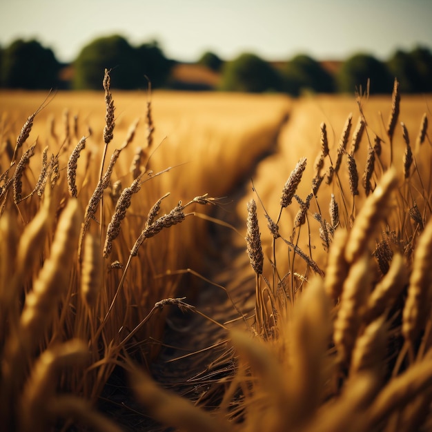 Un campo de trigo con un camino que conduce a la derecha.