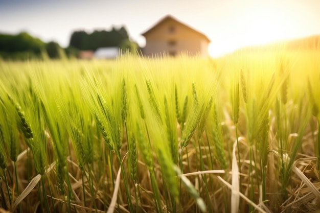 Un campo de trigo con una casa al fondo.