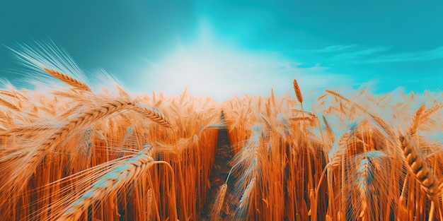 un campo de trigo con un cielo azul claro como telón de fondo