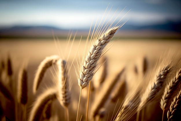 Un campo de trigo con un cielo azul de fondo
