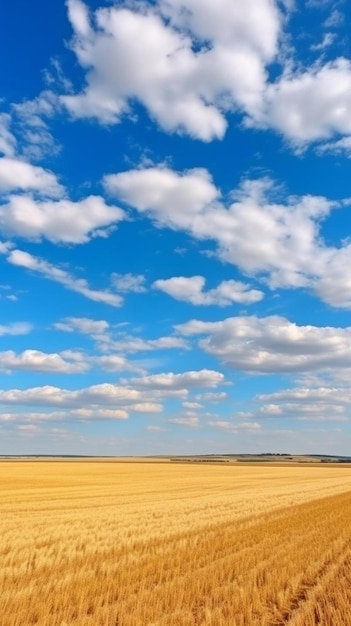 un campo de trigo con un cielo azul de fondo