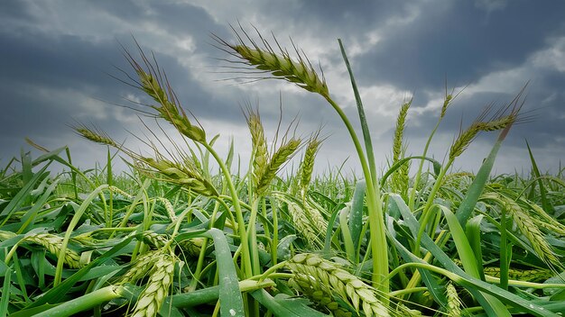 un campo de trigo con un cielo nublado en el fondo