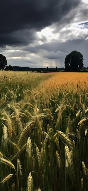 Un campo de trigo con un cielo tormentoso de fondo