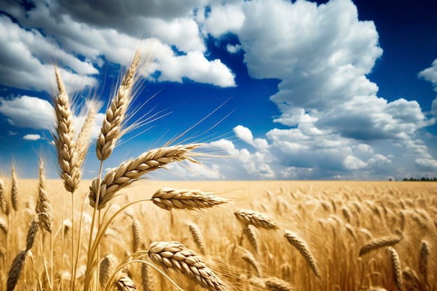 Un campo de trigo contra un cielo azul con nubes