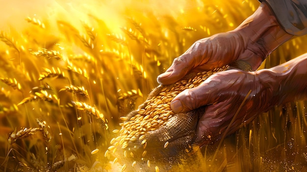 Foto campo de trigo dorado al atardecer con las manos de los ancianos tocando suavemente el grano un símbolo de la cosecha y la naturaleza abundancia ideal para la agricultura y los temas de otoño ia