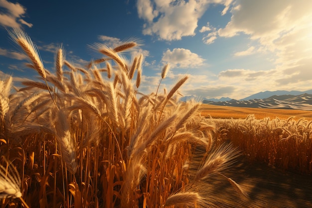 Un campo de trigo dorado, arroz meciéndose con el viento, luz suprema, surrealismo, IA generativa.
