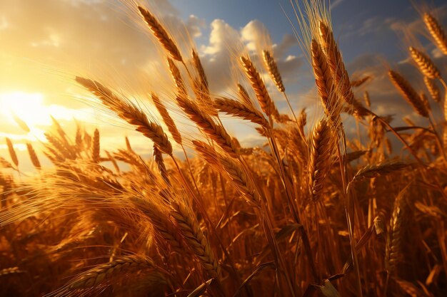 Un campo de trigo dorado, arroz meciéndose con el viento, luz suprema, surrealismo, IA generativa.