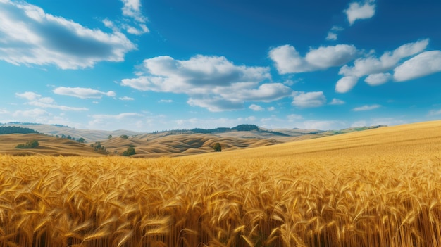 Un campo de trigo dorado con un cielo azul y nubes al fondo.