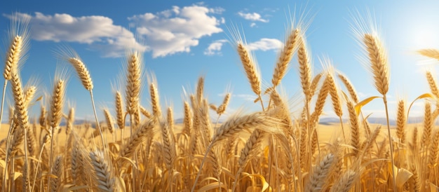 Campo de trigo dorado y cielo azul con nubes Concepto de cosecha rica