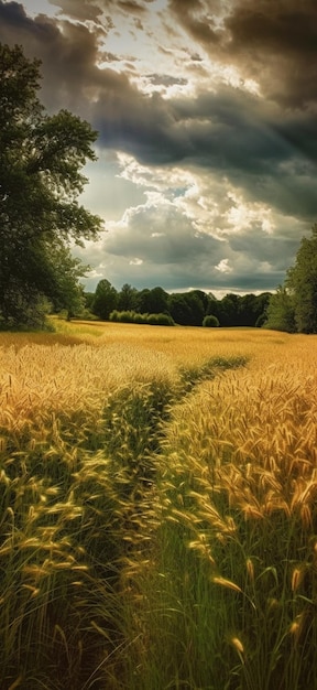 Un campo de trigo dorado con un cielo nublado al fondo.