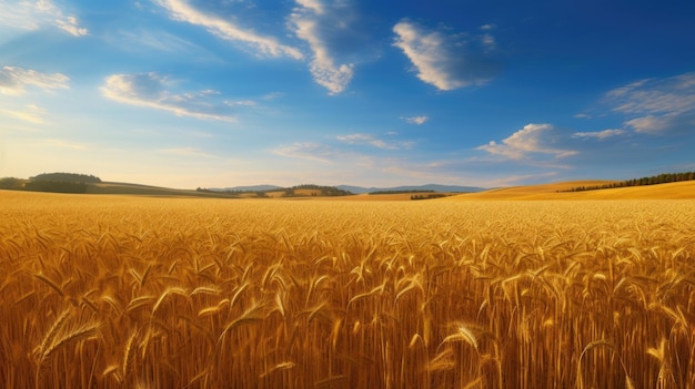 Un campo de trigo dorado contra un cielo azul.