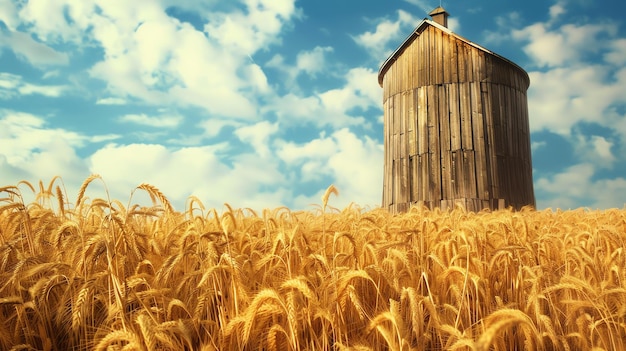 Foto un campo de trigo dorado con un granero de madera en la distancia bajo un cielo azul con nubes blancas