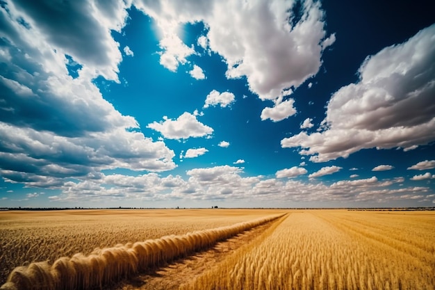 Campo de trigo dorado y paisaje azul cielo nublado AI generativa