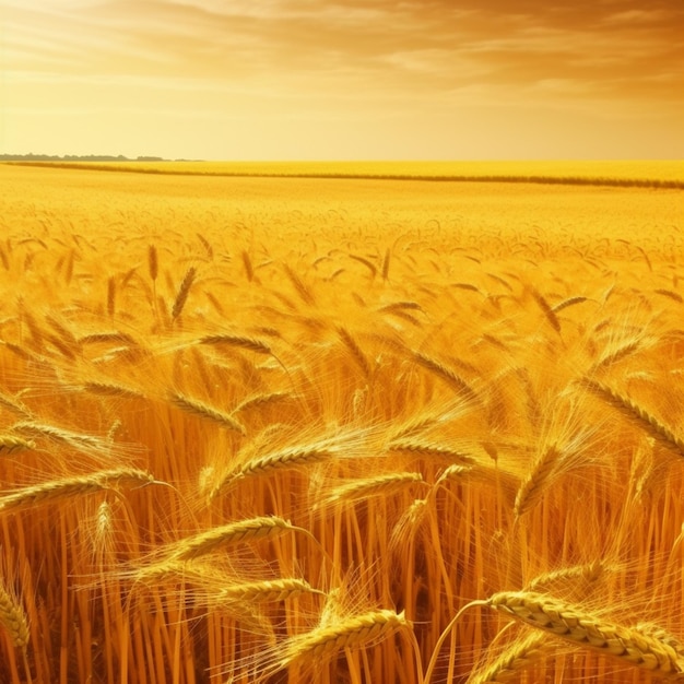 Un campo de trigo dorado con una puesta de sol al fondo.