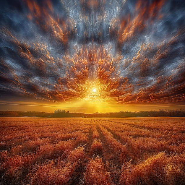 Un campo de trigo dorado con una puesta de sol al fondo.