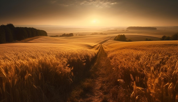 Un campo de trigo dorado con la puesta de sol detrás de él