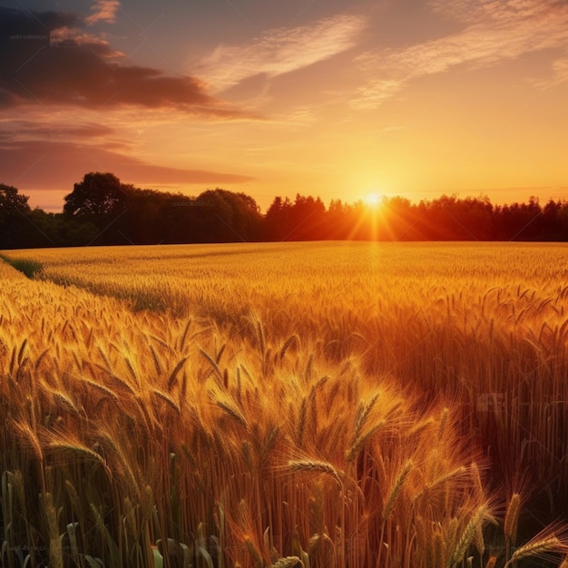 Un campo de trigo dorado con la puesta de sol detrás de él.