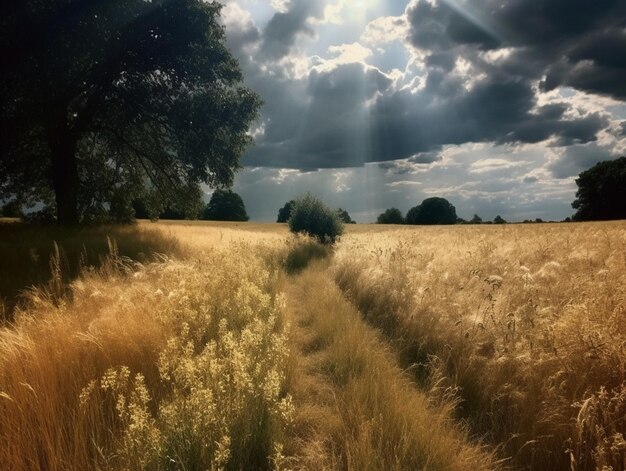 Un campo de trigo dorado con el sol brillando a través de las nubes.