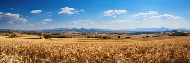Foto campo de trigo espigas de trigo dorado de cerca hermoso paisaje rural bajo la luz del sol brillante y el cielo azul telón de fondo de espigas maduras de campo de trigo de prado ia generativa