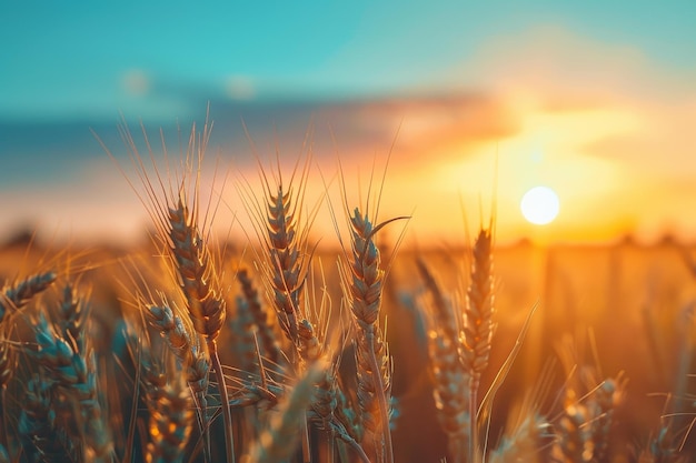 Un campo de trigo está en primer plano con un sol brillante en el fondo