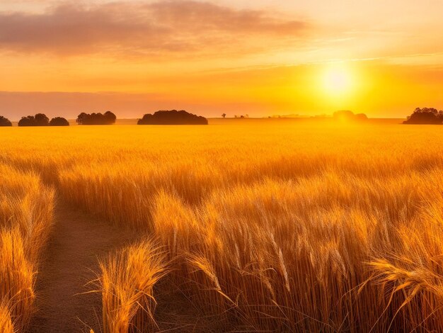 Campo de trigo granos maduros y tallos de trigo en el fondo espectacular puesta de sol temporada agricultura grano