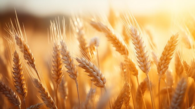 Campo de trigo Orejas de trigo dorado cerca hermosa naturaleza paisaje de puesta de sol IA generativa