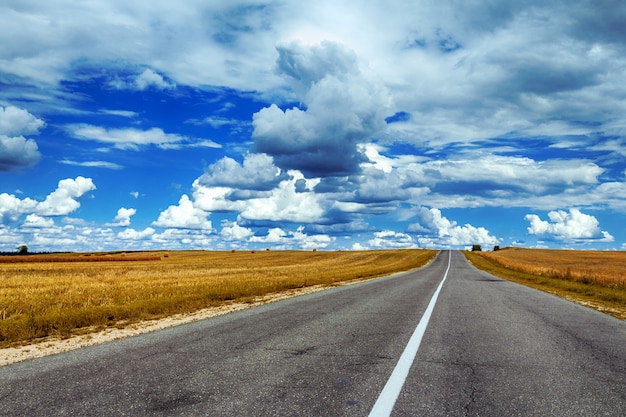 Campo con trigo y pilas, camino contra el cielo azul con nubes en un día de verano